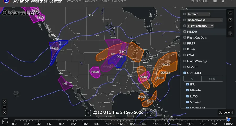 Graphical AIRMET display from the Aviation Weather Center showing Sierra, Tango, and Zulu hazard areas on a map